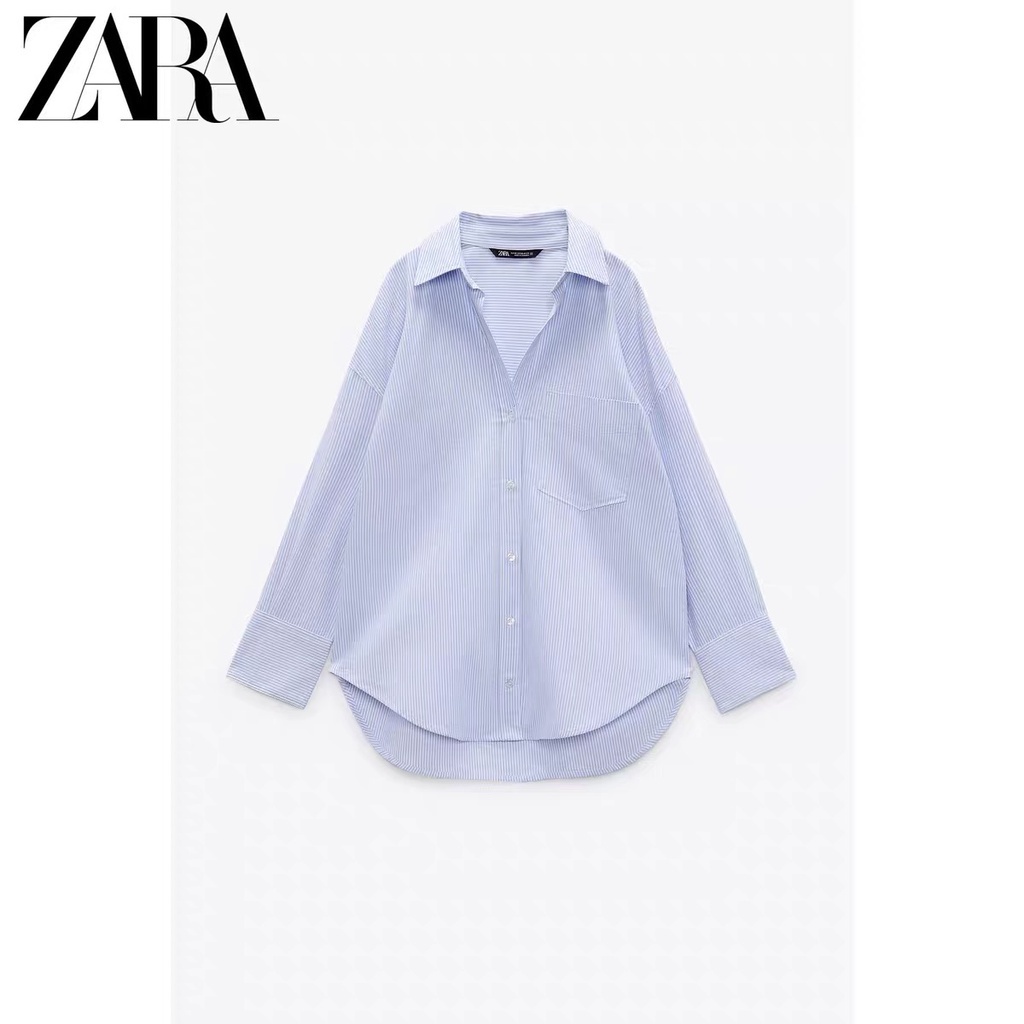 Zara Áo Sơ Mi Tay Dài Vải Oxford Họa Tiết Kẻ Sọc Thời Trang Thanh Lịch Cho Nữ