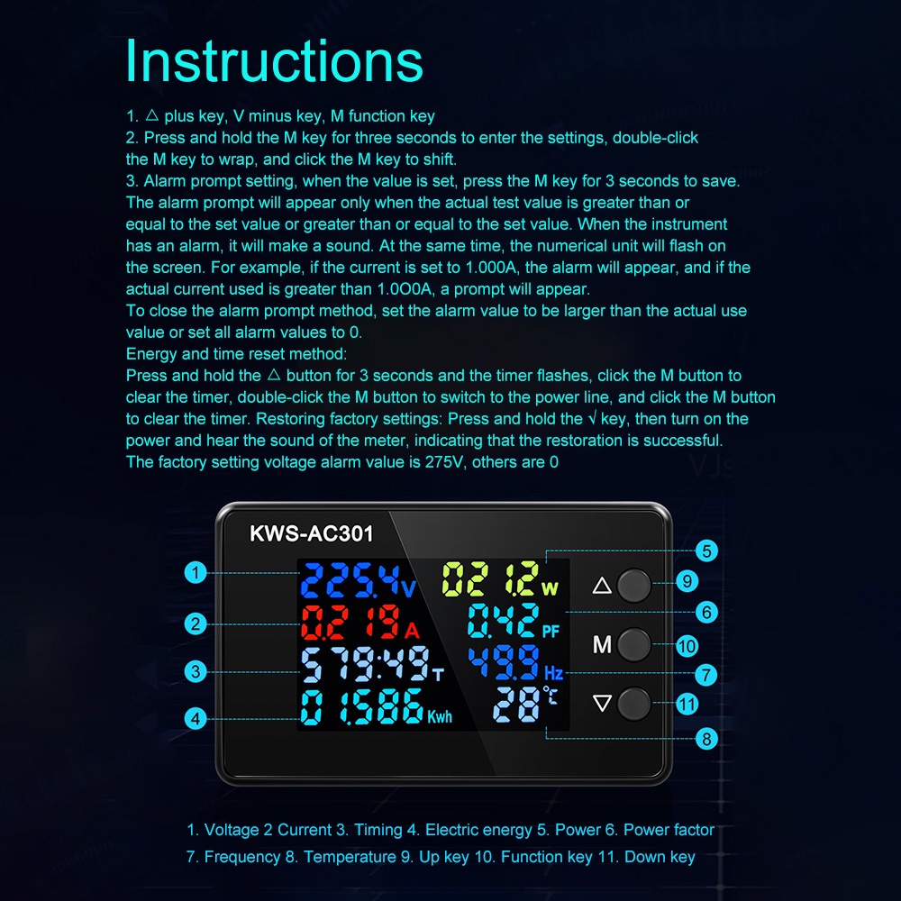 RIRIHI Đồng hồ vôn kế kỹ thuật số màn hình LCD AC 50-300V 0-100A KWS-AC301