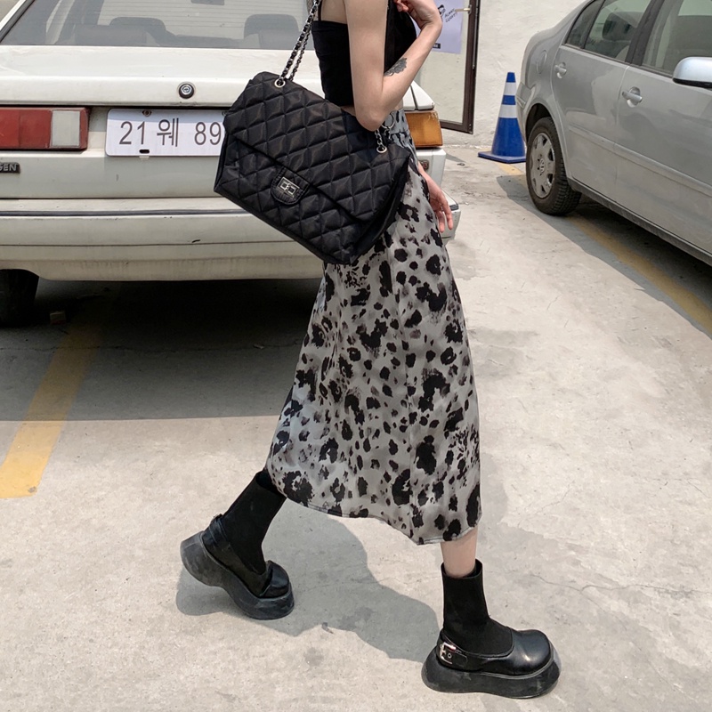 SUXI Chân Váy Midi Dáng Chữ A Lưng Cao In Họa Tiết Da Báo Phong Cách Vintage Dành Cho Nữ