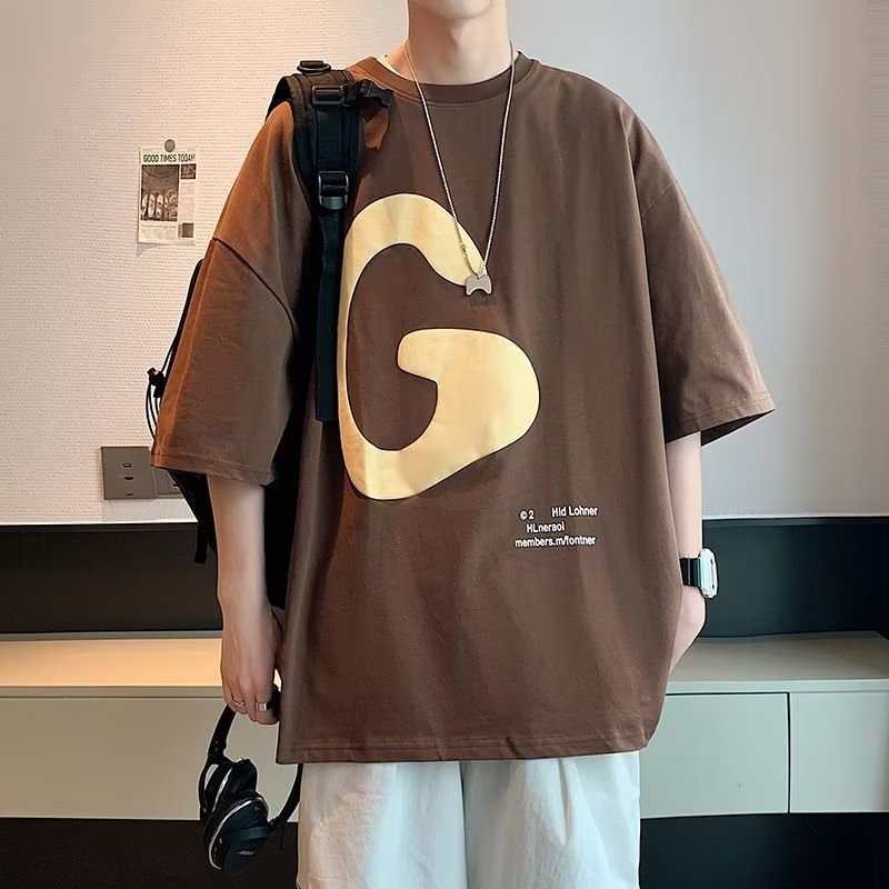 Áo Thun cotton Ngắn Tay Oversize In Họa Tiết Chữ G / Nâu Phong Cách Vintage Mỹ Chất Lượng Cao Thời Trang Mùa Hè Cho Nam Và Nữ M-5XL