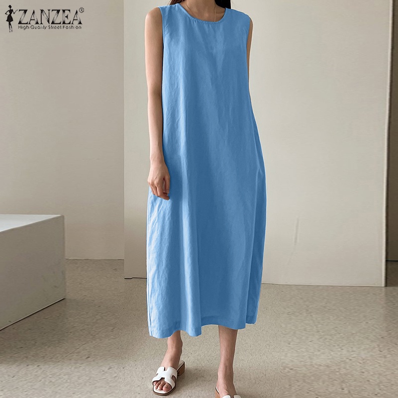 ZANZEA Đầm Nữ Cộc Tay Cổ Tròn Form Rộng Thời Trang Hàn
