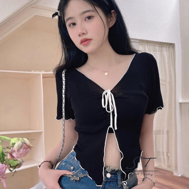 Áo Thun Tay Ngắn Cổ Chữ V Phối Dây Rút Thời Trang CY03 Cho Nữ