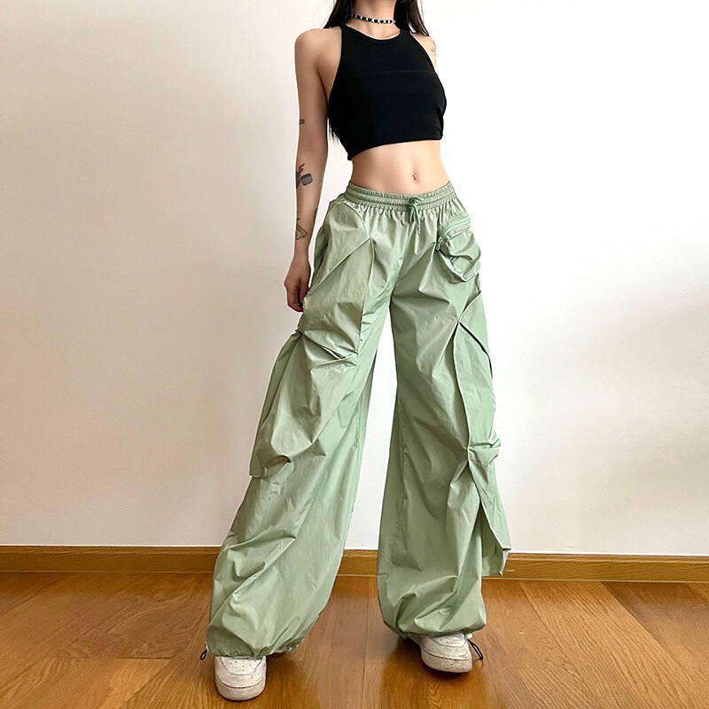 Kliou Quần ống rộng Lưng Cao Phối Túi Phong Cách Hip Hop Thời Trang 2023 Dành Cho Nữ