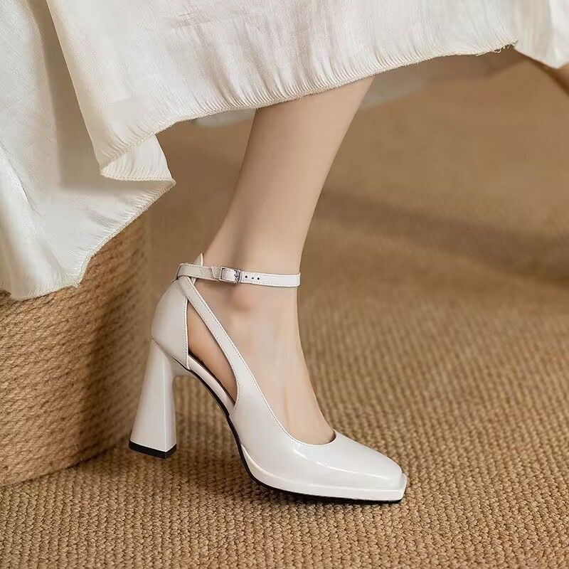 Giày Sandal Cao Gót Da Mềm Mũi Vuông Đế Dày Chống Nước Có Dây Đeo Thời Trang Mùa Hè Pháp Cho Nữ
