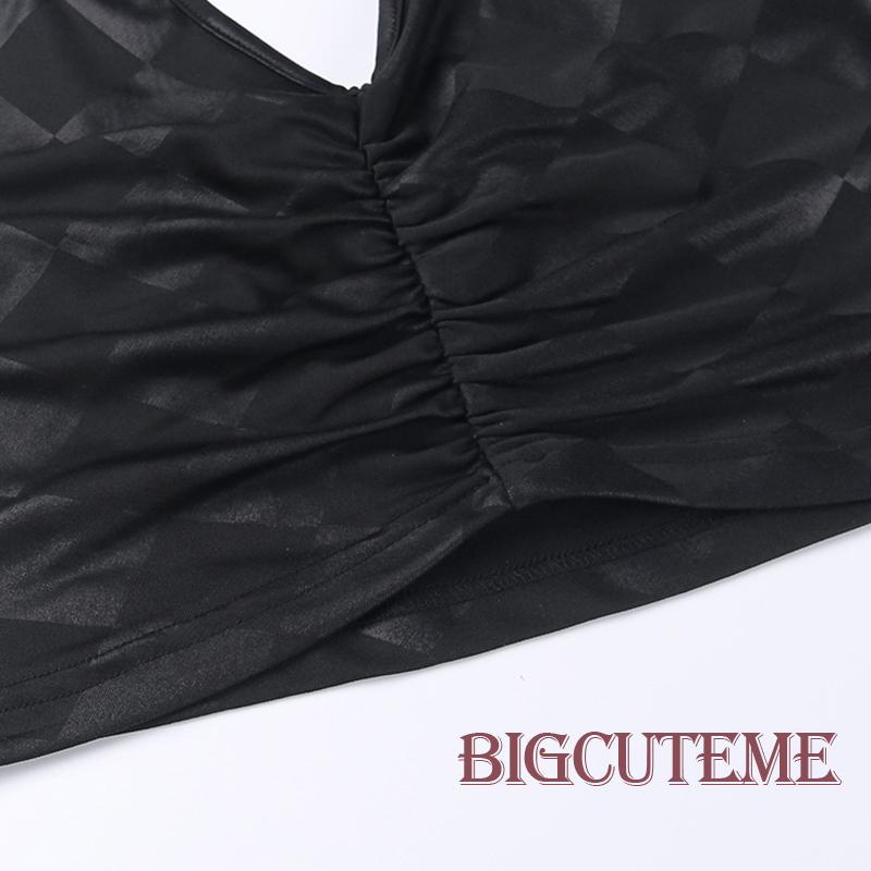 [] Áo Tank Top Màu Đen Kẻ Sọc Vuông Cổ Chéo Có Khóa Gài Thời Trang Cho Nữ