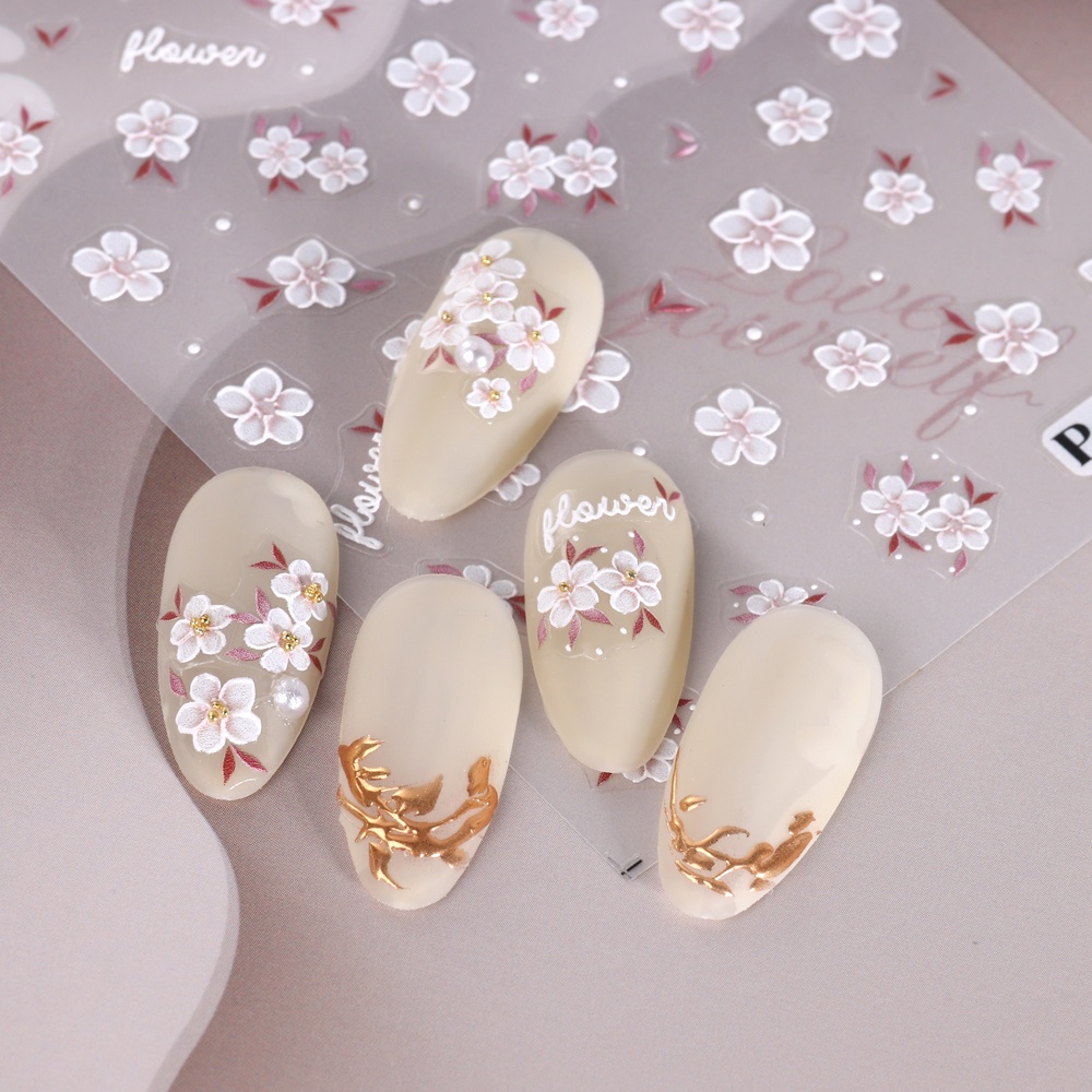 Miếng Dán Trang Trí Móng Tay Họa Tiết Hoa Trắng 5D Xinh Xắn