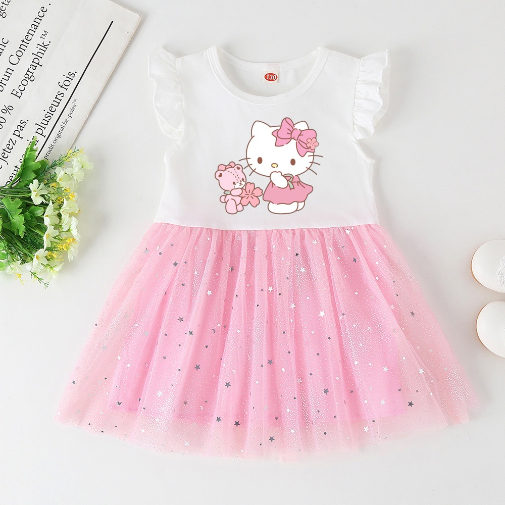 Đầm Công Chúa Tay Ngắn Phối Bèo Họa Tiết Mèo Hoạt Hình Dễ Thương Cho Bé Gái