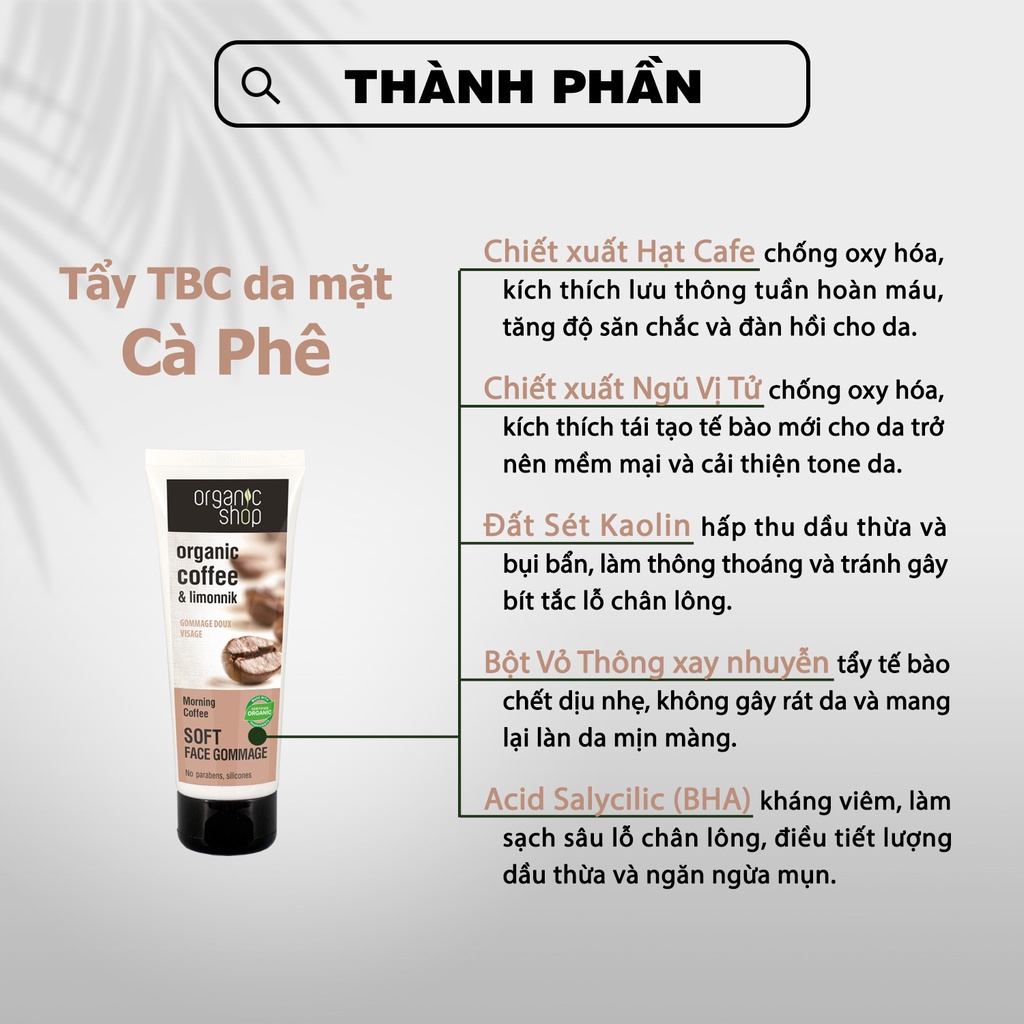 Tẩy da chết mặt Organic cafe, tẩy tế bào chết cà phê