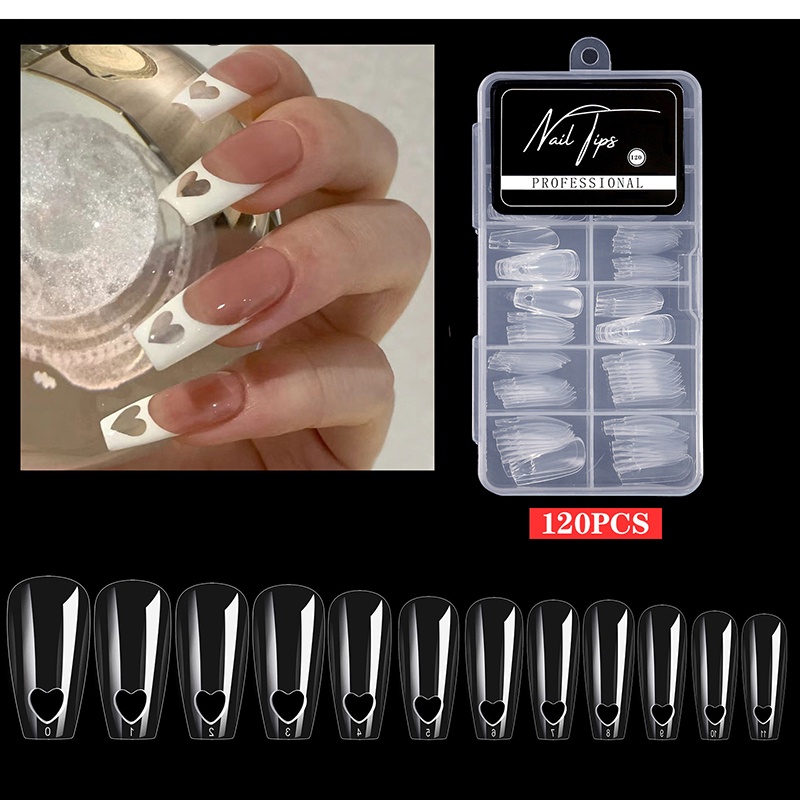 Bộ 120 Móng Tay Giả Họa Tiết Trái Tim Rỗng Bằng Acrylic Che Phủ Toàn Diện