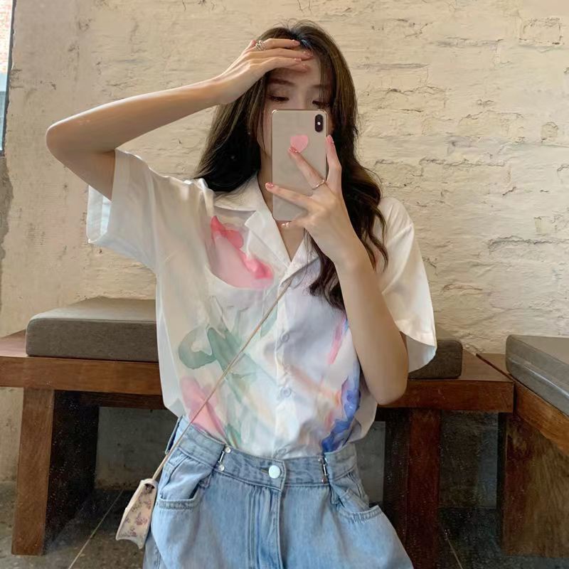 Áo Sơ Mi Ngắn Tay Nhuộm Màu Phong Cách Retro Thời Trang Cho Nữ