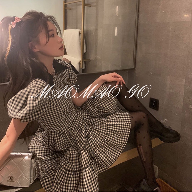 Maomao GO Đầm tutu Tay Ngắn Phồng Cổ Tròn Họa Tiết Sọc Caro Trắng Đen Phong Cách Pháp Cổ Điển Sang Trọng Dành Cho Bạn Nữ