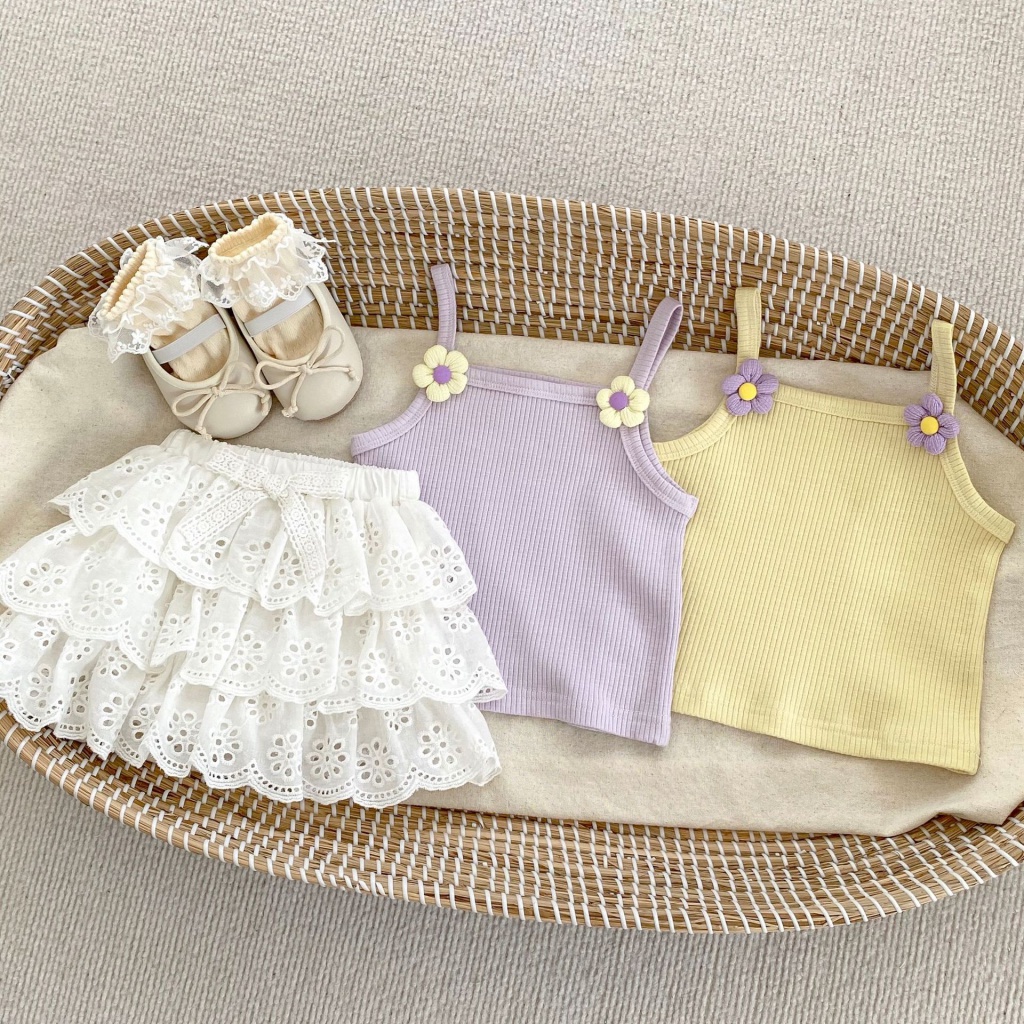 Bộ Áo Hai Dây Phối Ren + Quần Culottes Mỏng Thời Trang Mùa Hè Xinh Xắn Cho Bé Gái 0-3 Tuổi HZJI