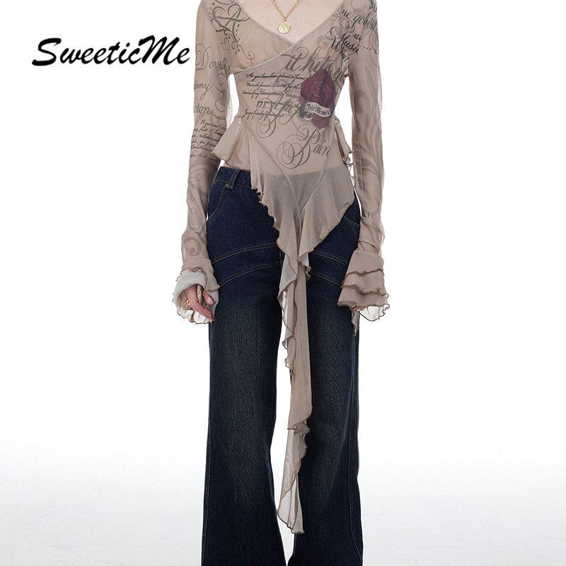 Áo Thun Tay Loe Cổ Chữ V Phối Màu Tương Phản Thời Trang Retro 2023 Cho Nữ