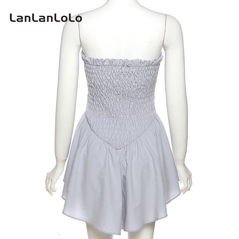 Đầm LanLanLoLo dáng ôm hở vai xếp ly màu trơn thời trang mùa hè 2023 cho nữ