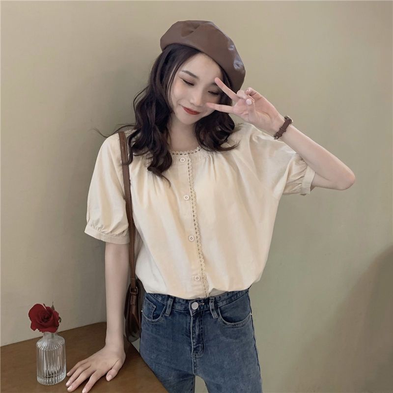 Áo Kiểu Mùa Hè Pháp Tay Cộc Cổ Tròn Dáng Rộng Thiết Kế Ngọt Ngào Dễ Phối Đồ Mẫu Mới 202