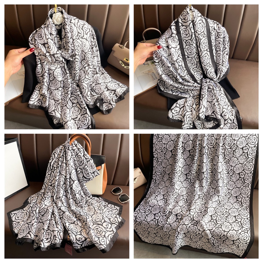 Khăn Quàng Cổ Chống Nắng Bằng Lụa Kích Thước Lớn 180 * 90CM In Họa Tiết Hoa Hồng Sang Trọng