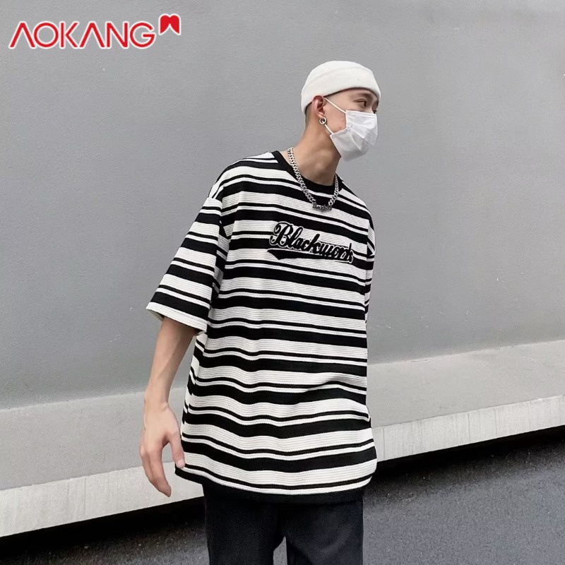 Aokang Áo Thun Tay Ngắn Cổ Tròn Họa Tiết Kẻ Sọc Đơn Giản Thời Trang Mùa Hè Cho Nam