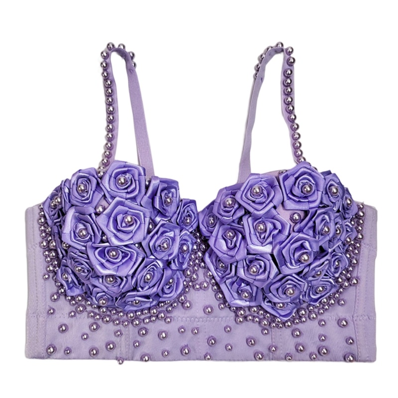 Áo Lót Hai Dây Mỏng Màu Trơn Đính Hạt Ngọc Trai / Hoa Hồng 3D Xinh Xắn Cho Nữ