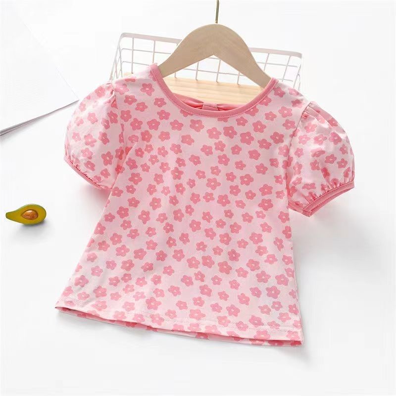 Áo Thun Cotton Ngắn Tay Màu Trơn Đính Nơ Họa Tiết Hoa Phong Cách Phương Tây Thời Trang Mùa Hè Mới Cho Bé Gái