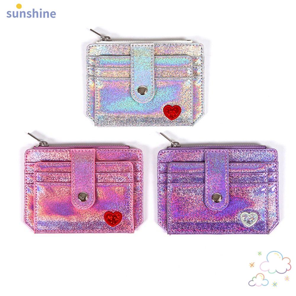 SSUNSHINE Slim Wallet Girl Student Laser Shining Heart Sequins Hộp đựng thẻ ID