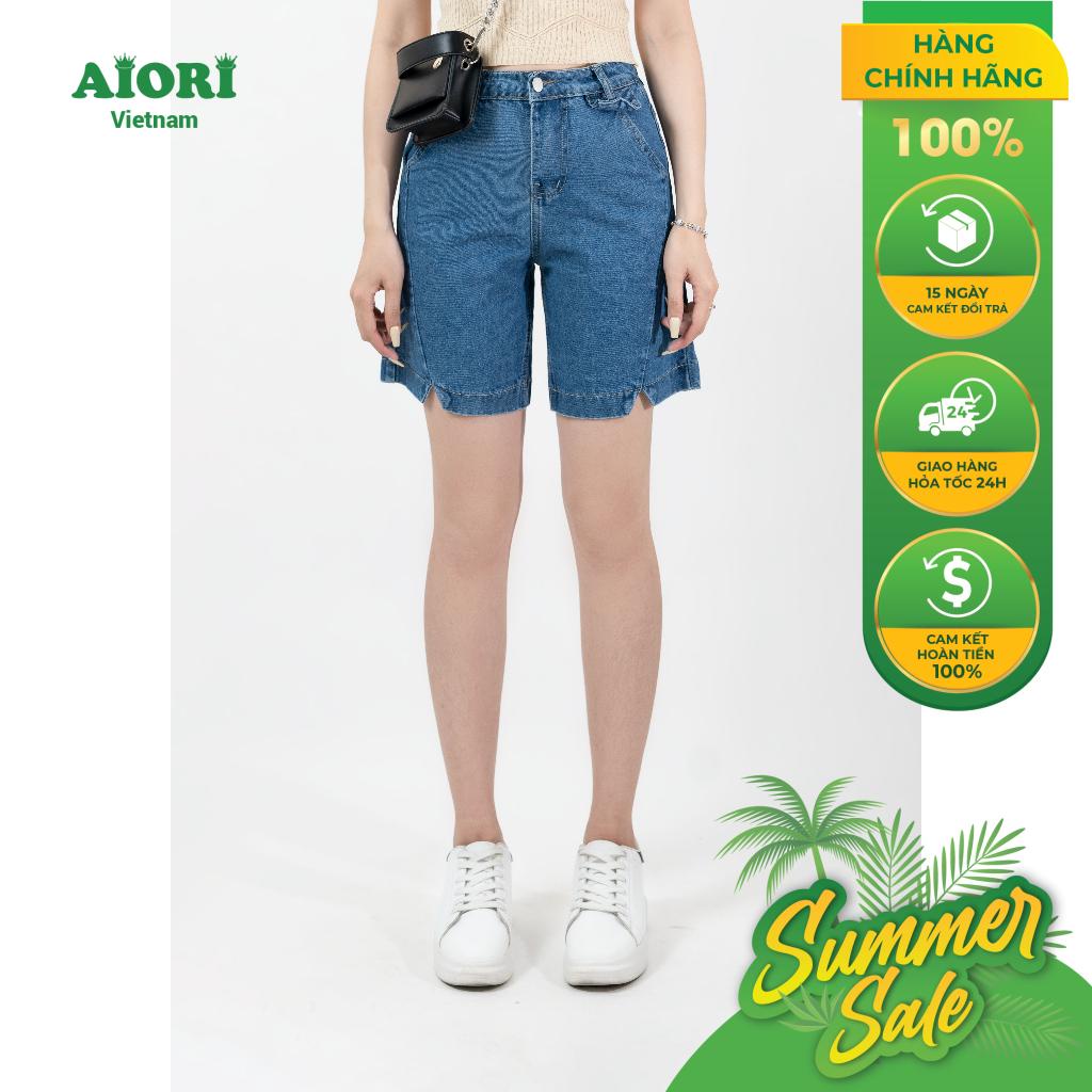 Quần Jean Nữ AIORI Ngố Lửng Ống Rộng Cotton Không Giãn Lưng Cao Màu Xanh Đậm D017_XD