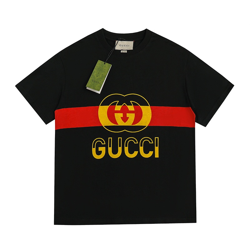 Áo Thun Tay Ngắn G-u88c-c &amp; - Thời Trang Đường Phố 2023SS Hai Vòng Nhẫn Đôi Màu Đỏ Và Vàng Giản Dị