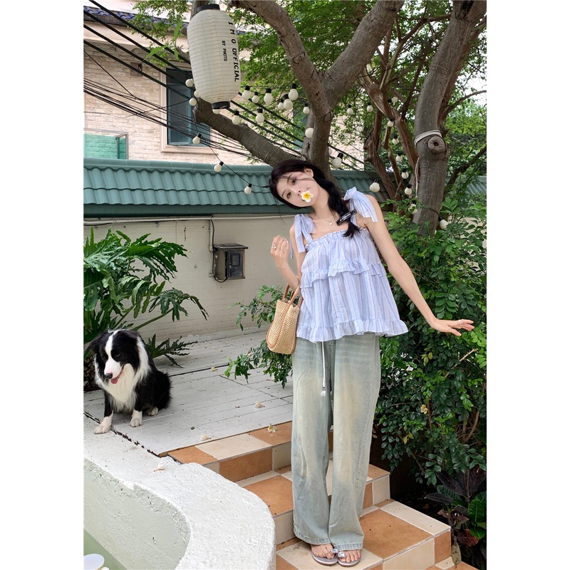 Áo Hai Dây Nhún Bèo Dáng Rộng Họa Tiết Kẻ Sọc Thời Trang Mùa Hè Xinh Xắn Cho Nữ