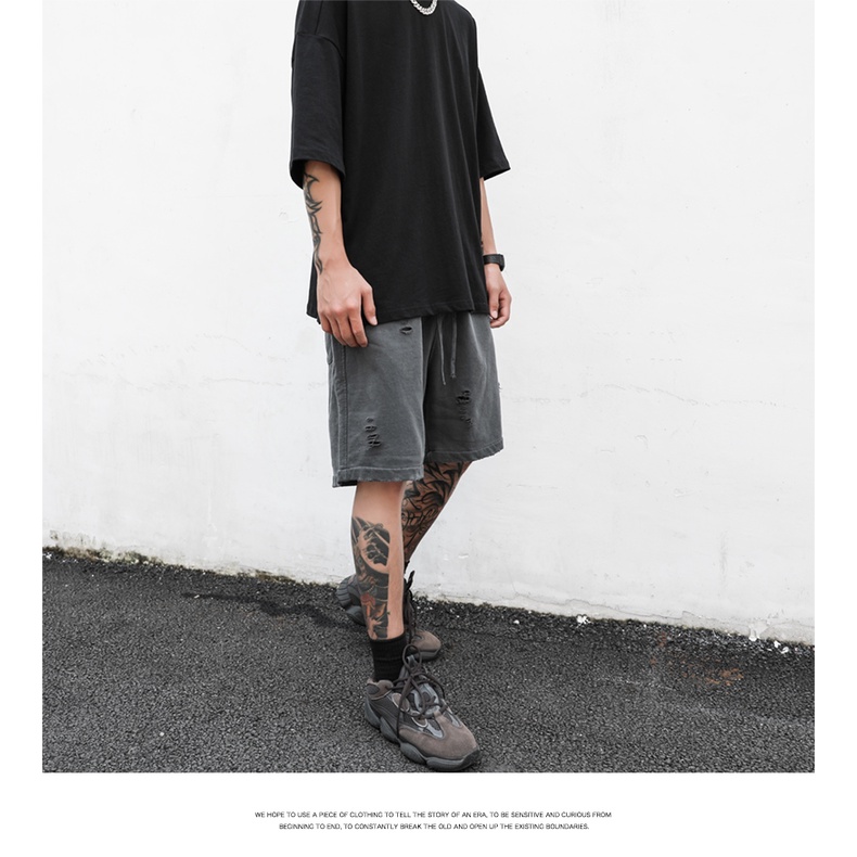 Quần Short Thể Thao Ống Rộng Phối Vết Rách Phong Cách Hip Hop Đường Phố Cá Tính