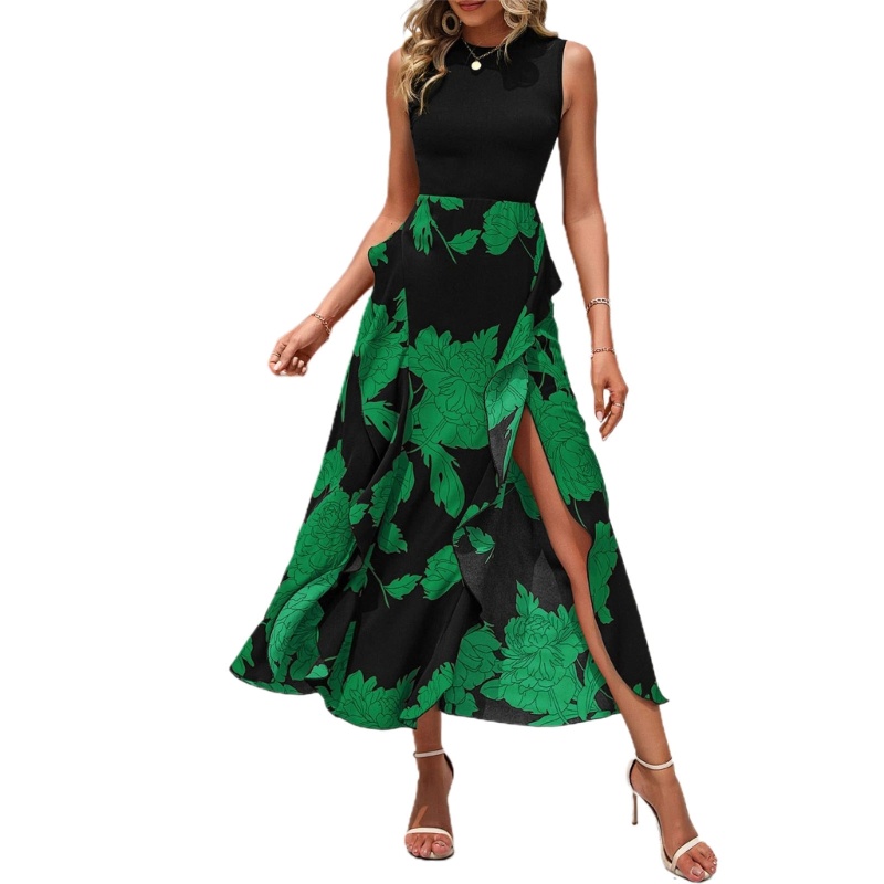 Xiangbao Đầm Midi Dài Phối Bèo Nhún In Hoa Xẻ Tà Cao Bên Hông Thời Trang Công Sở Nữ Tính