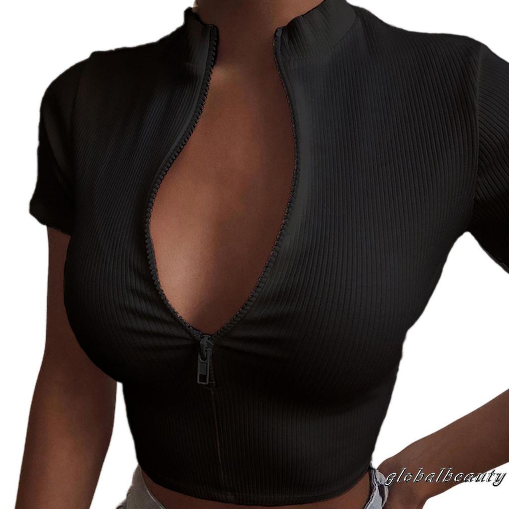 Áo Dệt Kim Ngắn Tay Cổ Chữ V Phối Khóa Kéo Trước Gợi Cảm Cho Nữ