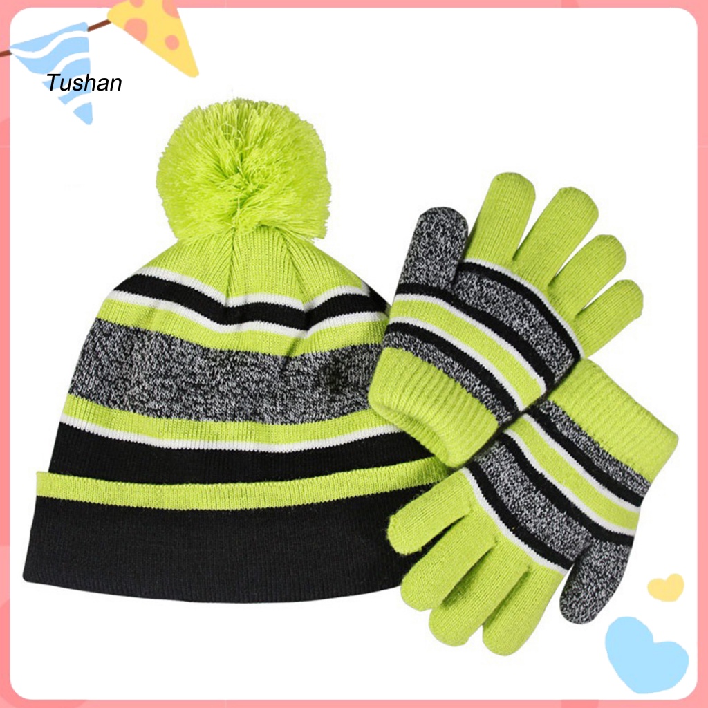 1 Bộ Găng Tay Và Mũ Len Họa Tiết Kẻ Sọc Thời Trang Thu Đông Cho Bé