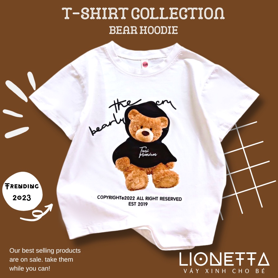 Áo phông cotton co giãn 4 chiều hình gấu nâu Hoodie from rộng Basic tee tay ngắn size 10-50kg