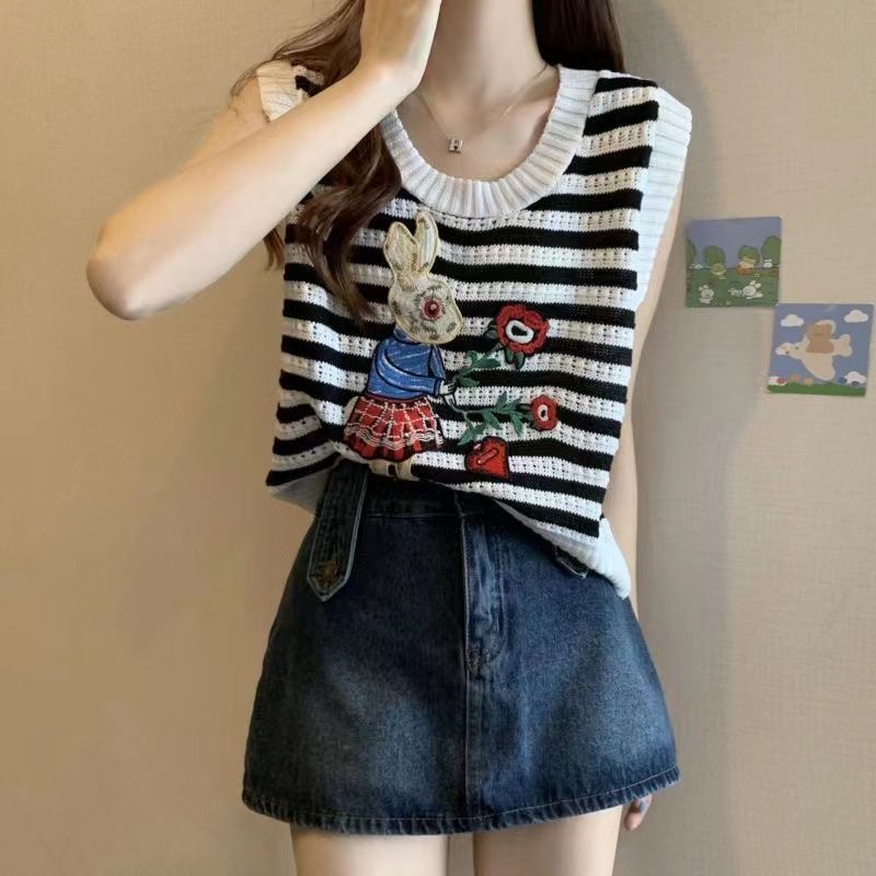 Áo Dệt Kim Không Tay Dáng Rộng Họa Tiết Kẻ Sọc Thời Trang Xuân Hè Dành Cho Nữ