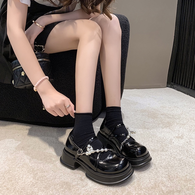 Ielgy Giày Lười Đế Dày Bằng Da Có Dây Xích Ngọc Trai Cá Tính Phong Cách Đại Học Cho Nữ