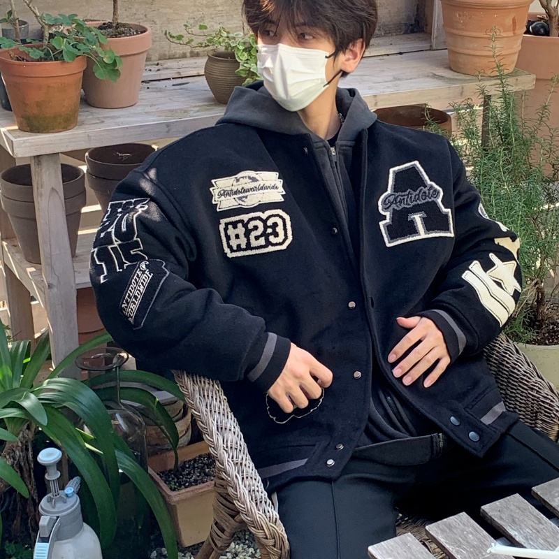 Đen Áo Khoác Bóng Chày Vải Len Dáng Rộng Thêu Họa Tiết Kiểu Đường Phố Mỹ Thời Trang Xuân Thu Cho Nam Và Nữ
