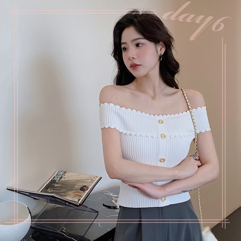 Áo Dệt Kim Tay Ngắn Trễ Vai Phối Ren Màu Trơn Thời Trang Cho Nữ