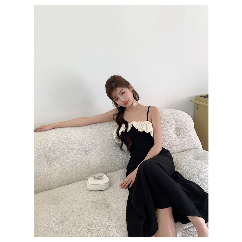 Đầm Hai Dây Eo Cao Vừa Ghép Nối Viền Bèo Mùa Hè Mới Cho Nữ