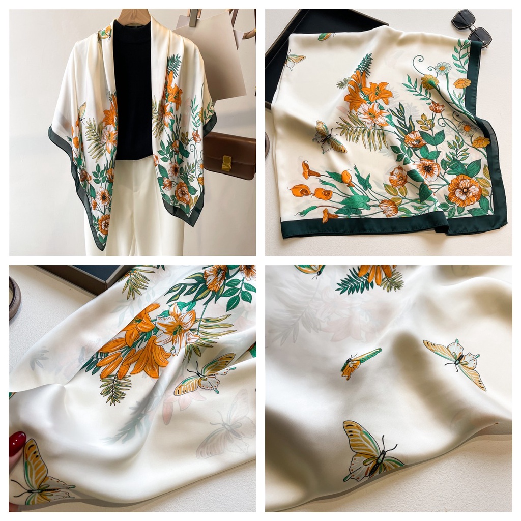 Khăn Choàng Cổ Hình Vuông Cỡ Lớn 110cm Vải Lụa Satin In Họa Tiết Hoa Và Bướm Thời Trang Mùa Hè Dễ Phối Đồ