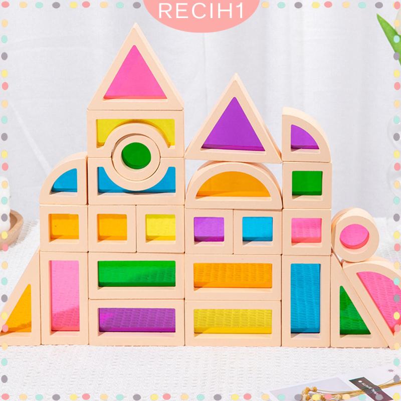 Bộ 25 Khối Gỗ Xây Dựng Hình Học Màu Cầu Vồng Dành Cho Trẻ Em 3-5 Tuổi