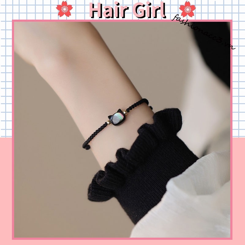 Vòng Tay Dây Bện Mặt Hình Mèo Đen Thời Trang Cho Nữ