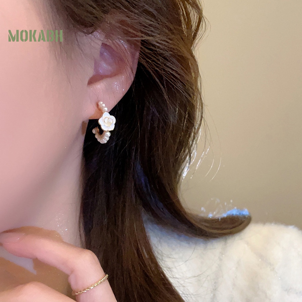 1 Đôi Bông Tai Tròn Đính Hoa Trà Phong Cách Pháp Thanh Lịch Không Phai Màu