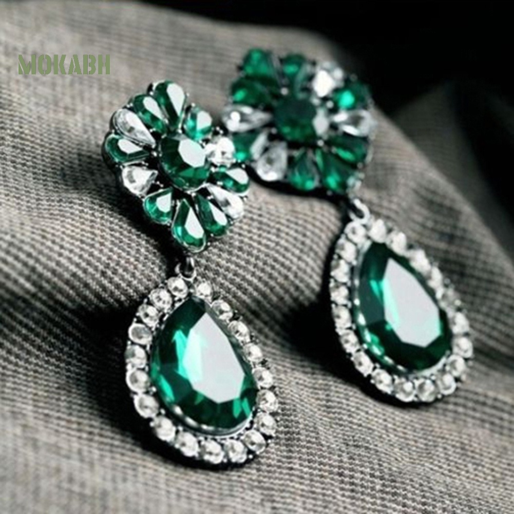 Bông Tai Đính Đá Hình Giọt Nước Họa Tiết Hoa Màu Xanh Lá Phong Cách Vintage Thời Trang