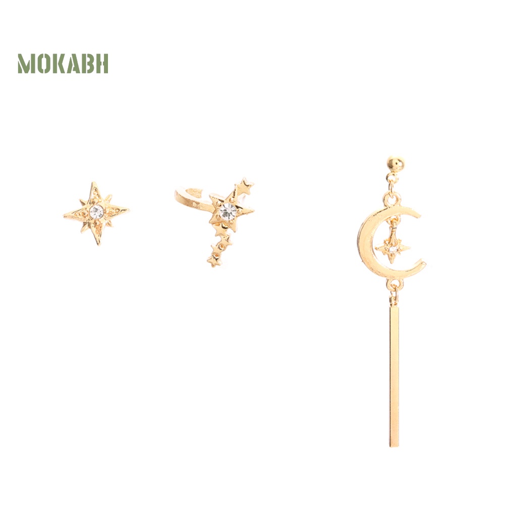 Bộ 3 Bông Tai Hình Ngôi Sao / Mặt Trăng Đính Đá Thời Trang Cho Nữ