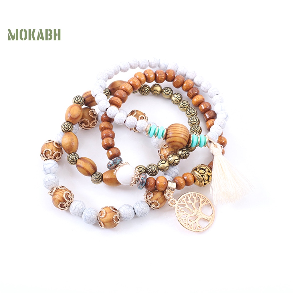 Bộ 4 Vòng Tay Chuỗi Hạt Gỗ Tua Rua Thời Trang Cho Nam Và Nữ