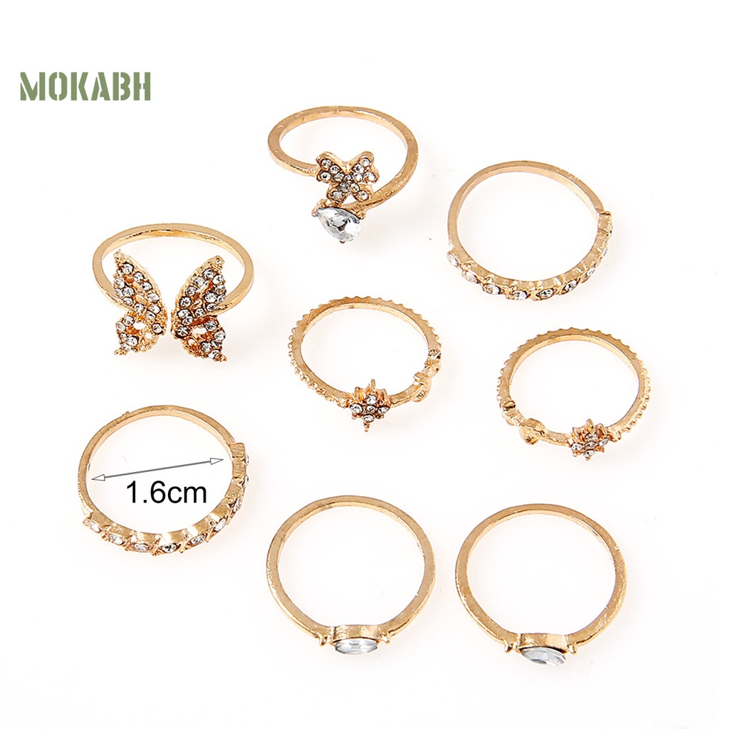 Set 8 Nhẫn Đeo Khớp Ngón Tay Họa Tiết Bướm / Hoa Đính Đá Tinh Tế Cho Nữ