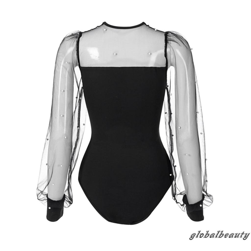 Bộ Áo Liền Quần Tay Dài Cổ Tròn Phối Lưới Màu Sắc Trơn Eo Cao Thời Trang Cho Nữ