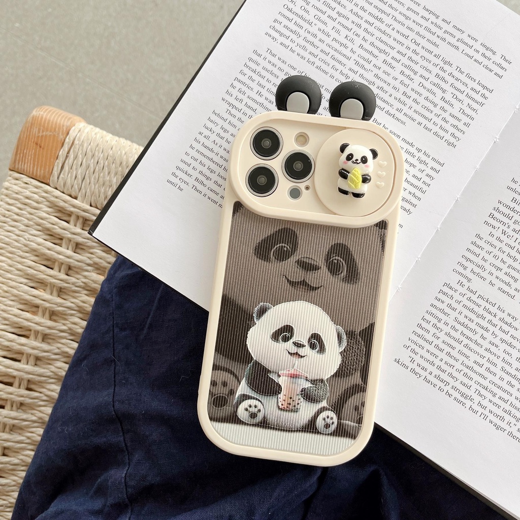 Ốp Điện Thoại TPU Silicon Mềm Chống Sốc Có Nắp Trượt Bảo Vệ Camera In Hình Gấu Trúc 3D Cho iPhone 13 12 11 Pro Max 14 Plus
