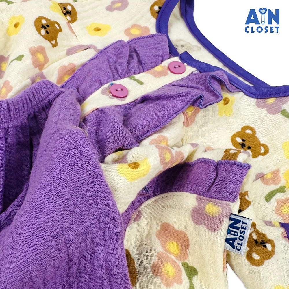 Bộ quần áo Dài tay ngắn bé gái họa tiết Hoa Gấu Tím xô muslin - AICDBGHDVWBG - AIN Closet