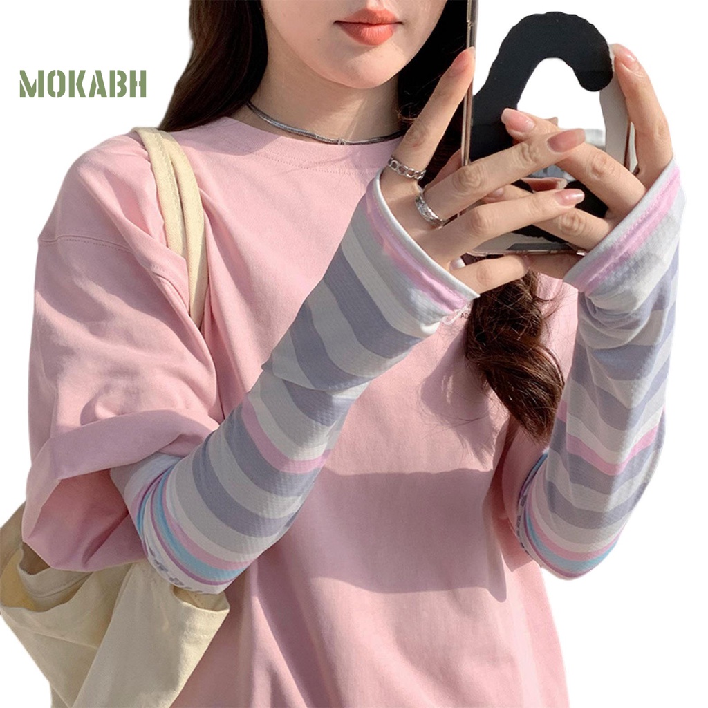 1 Cặp Găng Tay Chống Nắng Bằng Lụa Lạnh Độ Co Giãn Cao Họa Tiết Kẻ Sọc