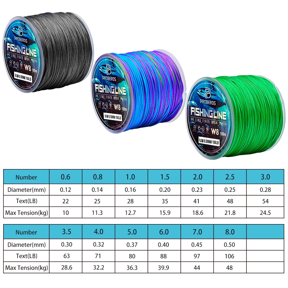 Proberos 8X Dây câu bện 100m Dây PE Xám/Xanh lá cây/Hỗn hợp #Pair Line